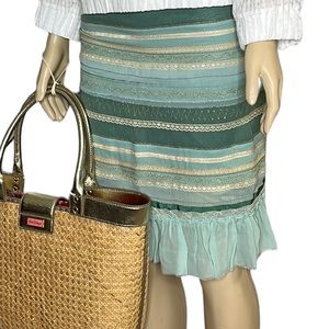 Anthropologie Odille mint green mixed media lace gold thread skirt Sz 4
